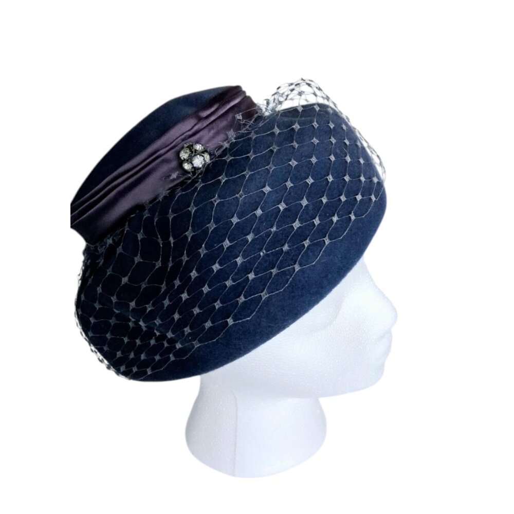1950s Genuine Velour Imported Fur Blue w/Purple Ribbon Trim Pillbox Hat